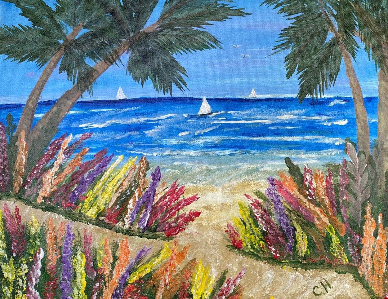 Online Zoom Acrylic Painting/Art Class "Tropical Breezes " 11 x 14 Canvas Painting